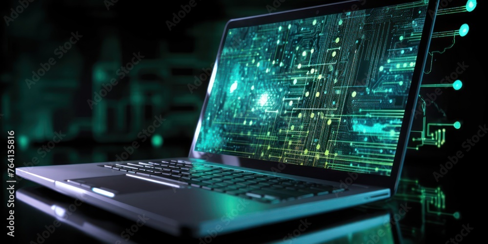 Aufkleber laptop computer on table with business audit cyber code generative ai