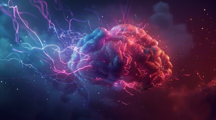 Illuminated human brain with electrical impulses in a dark violet and red nebula-like setting. - obrazy, fototapety, plakaty