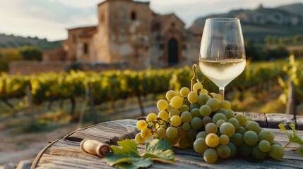 Glass of white wine with fresh grapes on a barrel in a vineyard at sunset