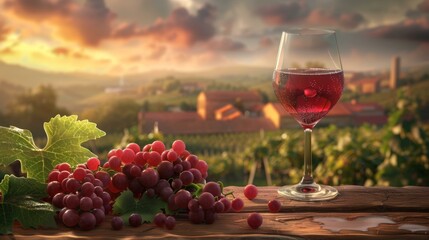 Sunset over vineyard with a glass of red wine and grapes on a wooden table