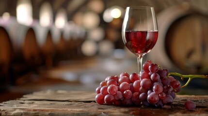 Glass of red wine with grapes on a wooden table in a traditional wine cellar - obrazy, fototapety, plakaty