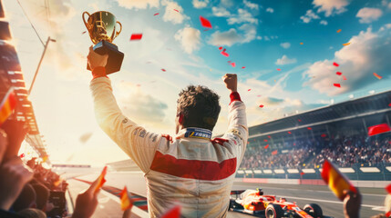Fototapeta premium Formula 1 winner racer raising a gold trophy on track. Racer and team cheering on track. Back view. Champion, leader, victory. Winner of the race