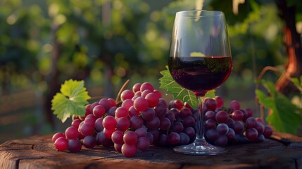 Fototapeta premium Glass of red wine with ripe grapes on wooden surface against a vineyard background at dusk