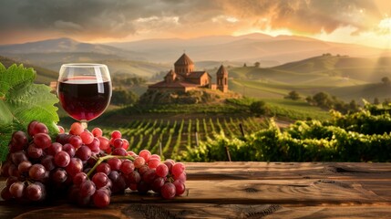 Glass of red wine with fresh grapes on a rustic wooden table overlooking a scenic vineyard at sunset