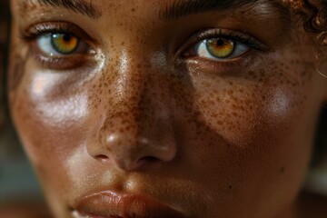 Close-up of a woman with striking amber eyes and sun-kissed freckles.