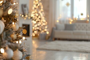 Cozy Christmas living room with a beautifully decorated tree and twinkling fairy lights in the background
