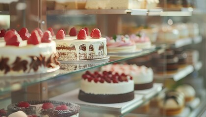 Assorted gourmet cakes on display in a bakery case with strawberries and chocolate decoration