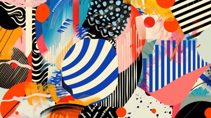 Obraz premium Abstract aesthetic vibrant colourful hand drawn background in naive art style with shapes, brush strokes, dots, lines. Textured boho wallpaper, art print, poster, creative banner