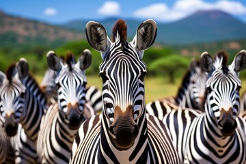 Zebras in african wilderness, showcasing distinctive striped patterns in natural habitat