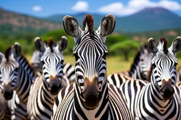 Poster Zebras in african wilderness, showcasing distinctive striped patterns in natural habitat © Aliaksandra