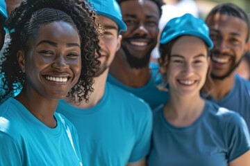 Smiling group of diverse volunteers wearing blue shirts and caps outdoors - Powered by Adobe