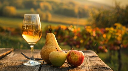 Golden hour at a vineyard with a glass of cider and fresh fruit on an old wooden table.