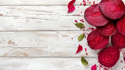 Obraz na płótnie Canvas Freshly sliced beets on a white rustic wooden background with scattered leaves