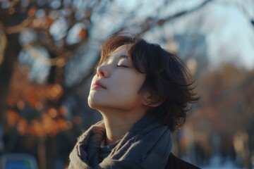 Naklejka premium Serenity in the autumn breeze: A young woman enjoying a peaceful moment outdoors