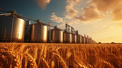 Picturesque rural view wheat field with grain storage silos in the distant background - obrazy, fototapety, plakaty