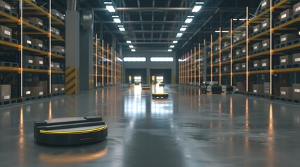 Autonomous robots efficiently navigating within a modern warehouse with shelves stocked with goods.