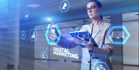 Digital marketing concept. Young business woman pressing button on virtual screen.