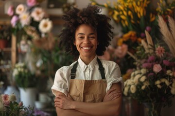 Florist with a bright smile standing in a flower shop surrounded by colorful blooms