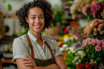 Confident florist with a cheerful smile standing in a flower shop surrounded by colorful blooms - obrazy, fototapety, plakaty