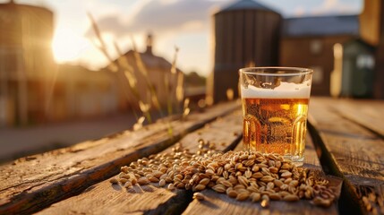 Glass of beer with scattered grains on a rustic wooden table at sunset in a countryside brewery setting.