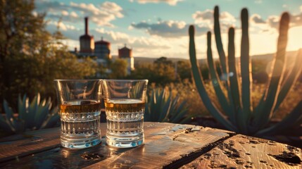 Two glasses of whiskey on a rustic wooden table with a backdrop of cacti and a warm sunset. - obrazy, fototapety, plakaty