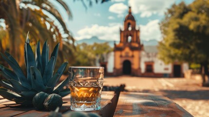 A glass of tequila with agave leaves on a rustic table with a view of a historic Mexican church in the background.