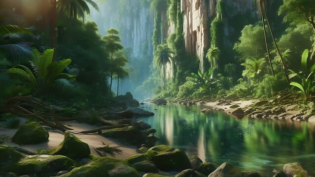 Tropical Rain Forest and Rock Cliff By the river	