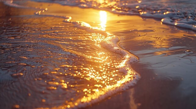 Sunset reflections accentuating beach textures during golden hour