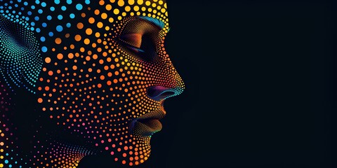 Abstract dot painting man's portrait on black background. Pointillism and contemporary art concept. Digital illustration for poster, banner with copy space