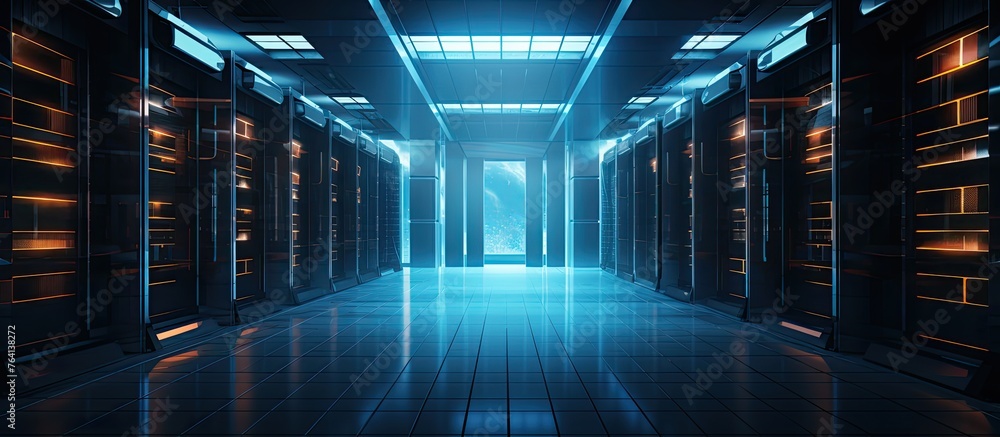 Aufkleber an extensive hallway housing numerous server units neatly arranged in rows inside a server room