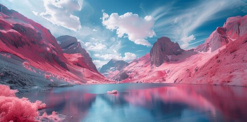 Captivating infrared image displaying a mountain range with a still lake in the foreground,...