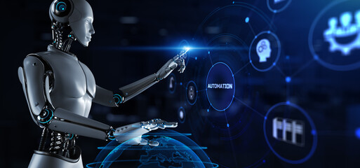 Robotic business process workflow Automation RPA. Robot pressing button on screen 3d render.