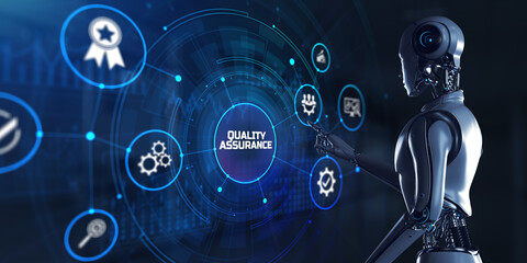 Quality assurance control standard concept. Robot pressing button on screen 3d render. - obrazy, fototapety, plakaty
