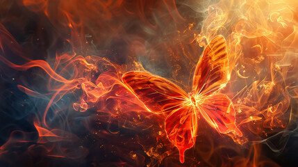 Fototapeta na wymiar Fiery abstract butterfly ignites with intense orange flames against a smoky backdrop