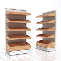 Retail display stands mockup with wooden shelves. 3d illustration set