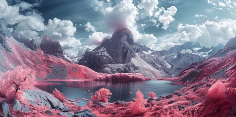 Expansive view in infrared depicting rugged mountains beside a calm lake, creating a striking...