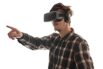 A man
using VR glasses for virtual world isolated on transparent background