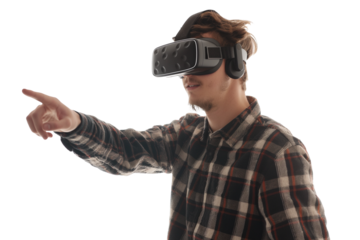A man
using VR glasses for virtual world isolated on transparent background