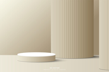 Luxury 3d white cream cylinder podium pedestal realistic with huge pillar or pole background. Minimal scene for product display or mockup. 3d vector rendering design. stage for product presentation.