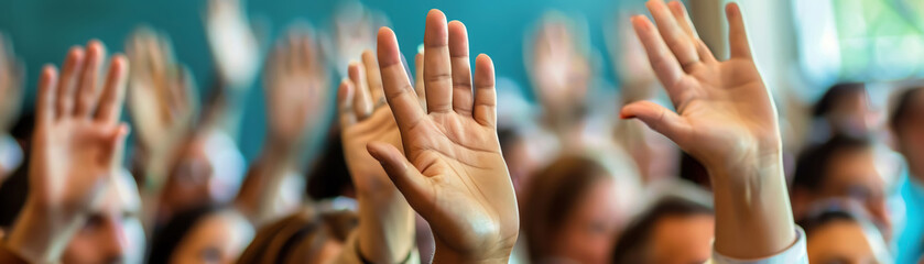 Engaged audience participation with hands raised in a seminar environment