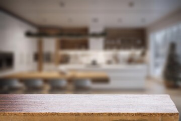 Empty wooden desk table in modern kitchen