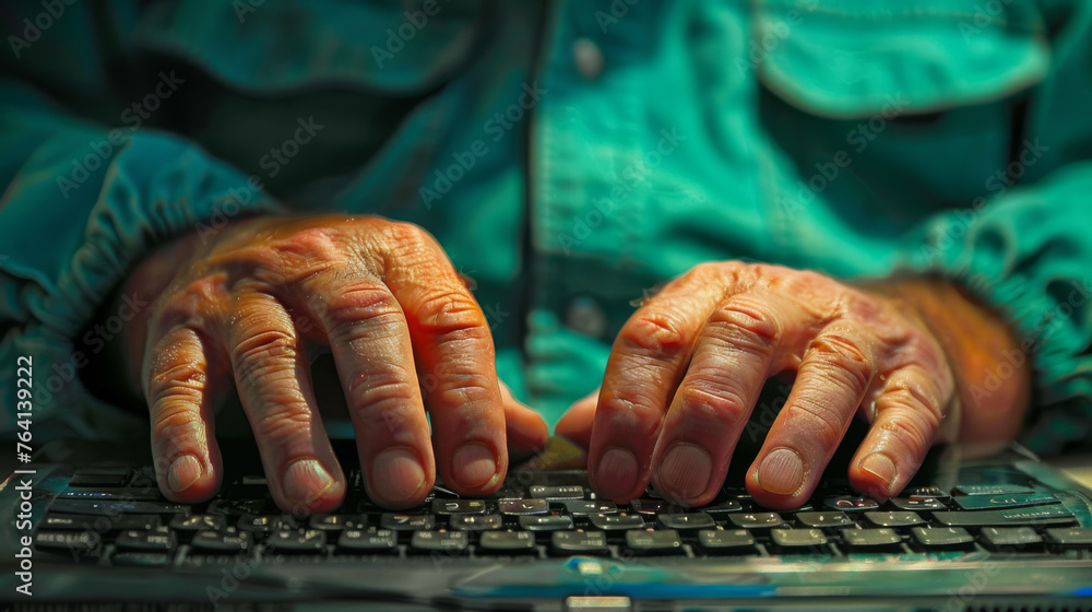 Poster close-up of hands typing on a backlit laptop keyboard in a dimly lit setting.
