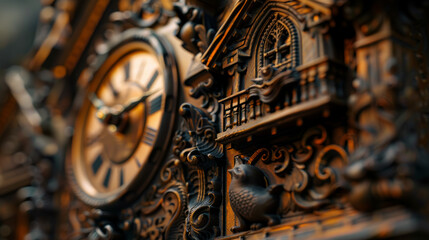 Vintage ornate clock on carved wooden wall, timeless elegance