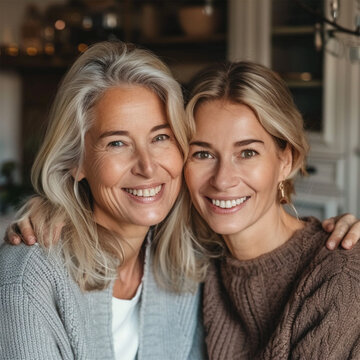 photograph Happy blonde elderly mom and young daughter woman posing at home, looking at camera with toothy smiles, laughing, hugging, enjoying warm family relationship, bonding. Head shot portrait