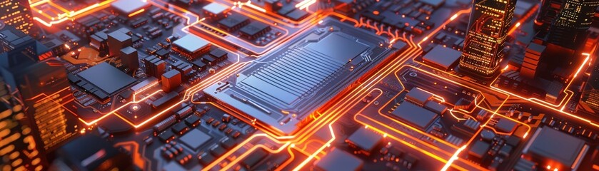 A Central CPU on a motherboard with glowing orange data paths