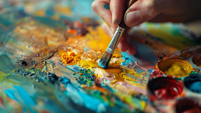 Artist's hand adding vibrant yellow to a colorful oil painting, close-up on brushwork
