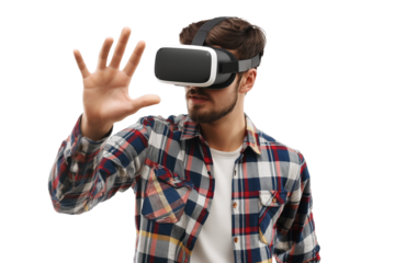 A man
using VR glasses for virtual world isolated on transparent background
