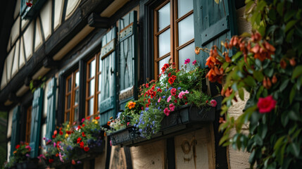 Fototapeta na wymiar Charming timber-framed house adorned with vibrant flower boxes