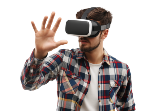A man
using VR glasses for virtual world isolated on transparent background