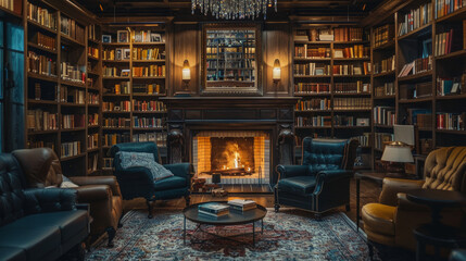 Cozy library room with fireplace and vintage bookshelves